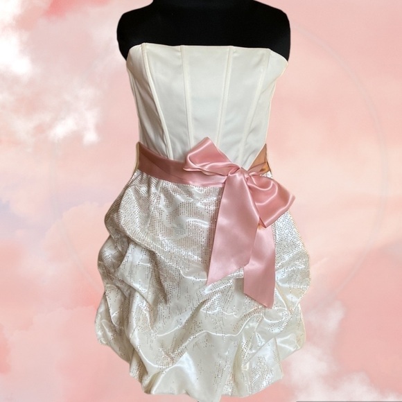 Jessica McClintock for Gunne Sax Strapless Mini Dress Cream and Pink Size 9 - Picture 14 of 14